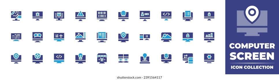 Computer screen icon collection. Duotone color. Vector illustration. Containing monitor, market research, computing, progress, comments, coding, booking, blogging, responsive, programming, online mark