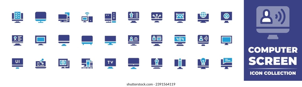 Computer screen icon collection. Duotone color. Vector illustration. Containing usability, computer, personal computer, pc, global, monitor, login, influencer, ui design, 3d modeling, tv, design tool.