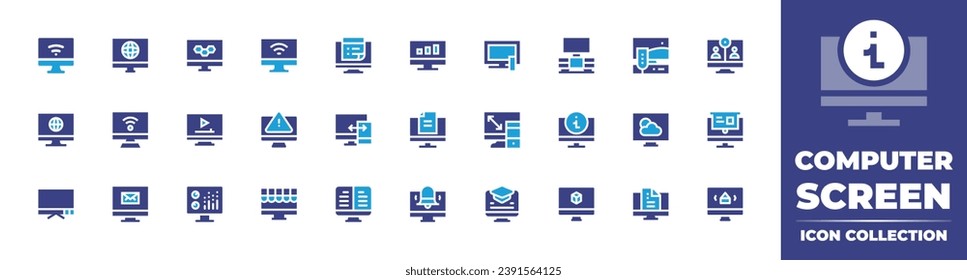 Computer screen icon collection. Duotone color. Vector illustration. Containing computer, television, monitor, notes, tv, equalizer, ebook, elearning, publishing, wifi signal, analytics, tv monitor.