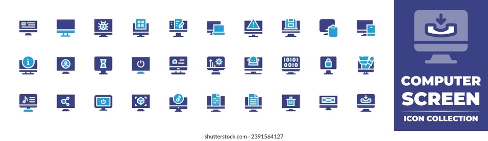 Computer screen icon collection. Duotone color. Vector illustration. Containing computer, monitor, tv, file, tv monitor, responsive, save, use, power, settings, binary code, design, connect.