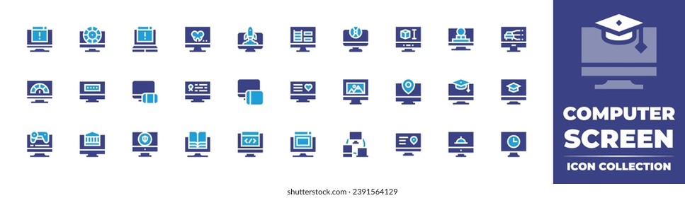 Computer screen icon collection. Duotone color. Vector illustration. Containing monitor, laptop, startup, software, video call, speed, responsive, web design, education, game development, coding.