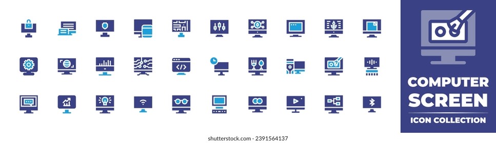 Computer screen icon collection. Duotone color. Vector illustration. Containing computer, cogwheel, bar graph, programming, cuisine, make up.