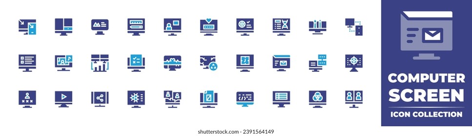 Computer screen icon collection. Duotone color. Vector illustration. Containing responsive, blog, video chat, appointment, graphic design, usability, stats, heart beat, clock, data server, account.