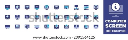 Computer screen icon collection. Duotone color. Vector illustration. Containing computer, television, monitor, notes, tv, equalizer, ebook, elearning, publishing, wifi signal, analytics, tv monitor.