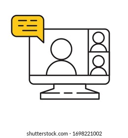 Computer screen icon with a live broadcast on a streaming channel with a symbol of a person having a video call or online conference meeting.