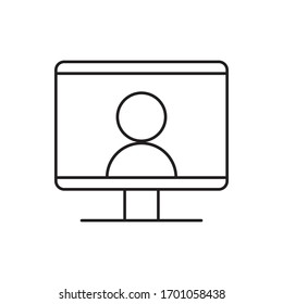 Computer screen icon with a live broadcast on a streaming channel with a symbol of a person having a video call or online conference meeting.