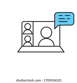 Computer screen icon with a live broadcast on a streaming channel with a symbol of a person having a video call or online conference meeting.
