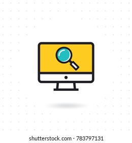 Computer screen icon. Monitor with magnifying glass vector. Monitoring line vector icon. Computer screen for website and apps. Colored flat line vector illustration