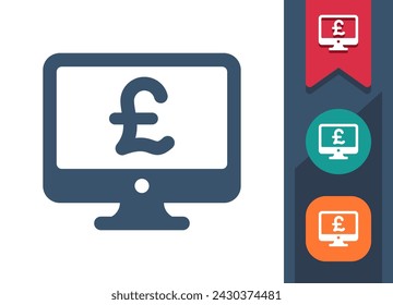 Computer Screen Icon. Monitor, PC, Money, Online Shopping, E-commerce, Pound Sterling. Professional, pixel perfect vector icon.