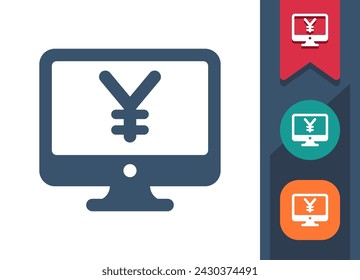 Computer Screen Icon. Monitor, PC, Money, Online Shopping, E-commerce, Yen, Yuan. Professional, pixel perfect vector icon.