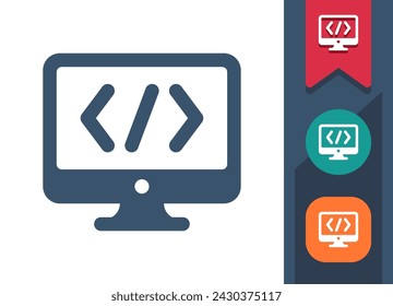 Computer Screen Icon. Monitor, PC, Coding, Programming, Hacking. Professional, pixel perfect vector icon.