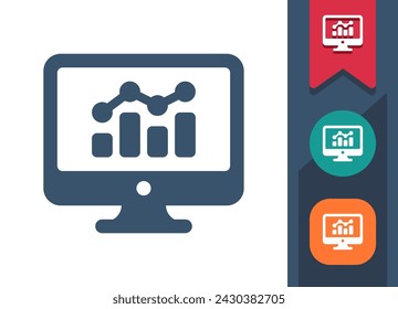 Icono de pantalla de ordenador. Monitor, PC, gráfico, gráfico, estadísticas, informe. Profesional, píxel icono de vector perfecto.