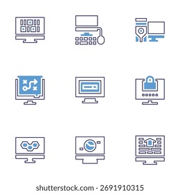 Computer screen icon set. Bold line style. Duotone colors. Editable stroke. computer, password, smart home, binary code, strategy, monitor.