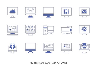 Conjunto de iconos de la pantalla del equipo. Curso de línea de estilo duotónico y negrita. Ilustración vectorial. Contienen computadora, error, monitor, código binario, estación de trabajo, correo electrónico, reproducción, disquete, informática, televisión, moneda.