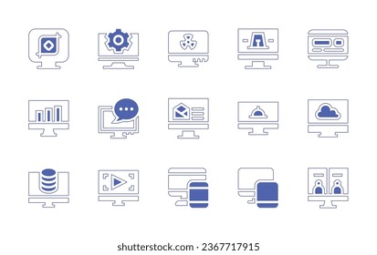 Computer screen icon set. Duotone style line stroke and bold. Vector illustration. Containing monitor, cloud, crop, graphs, nuclear, warning, email, online order, devices, responsive, videocall, data.
