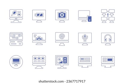 Conjunto de iconos de la pantalla del equipo. Curso de línea de estilo duotónico y negrita. Ilustración vectorial. Con equipo, monitorado, batería, cámara, malware, grabador de voz, auriculares, respuesta, monitor, pc.