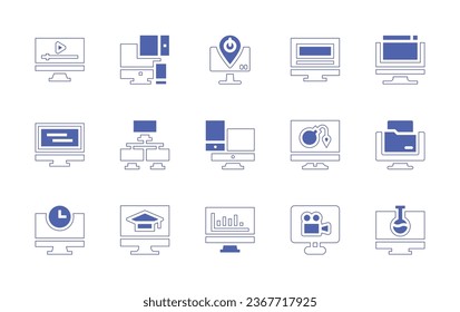 Computer screen icon set. Duotone style line stroke and bold. Vector illustration. Containing video, pc, responsive, network, location, monitor, blog, ddos, folder, clock, stats, online learning.