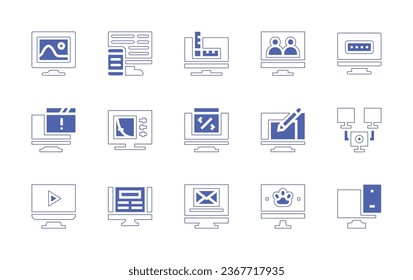 Computer screen icon set. Duotone style line stroke and bold. Vector illustration. Containing responsive, password, configuration, network, monitor, alert, measurement, conference, coding, notes.