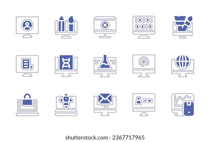 Computer screen icon set. Duotone style line stroke and bold. Vector illustration. Containing use, binary code, design, creative tools, error, news, lock, dna, research, startup, email, internet.