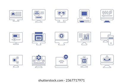 Computer screen icon set. Duotone style line stroke and bold. Vector illustration. Containing old computer, pc, computer, booking online, social media, live stream, connect, recycle bin, line.