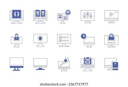 Computer screen icon set. Duotone style line stroke and bold. Vector illustration. Containing computer, password, coding, catalogue, options, tv monitor, save, responsive, monitor, photo editing.