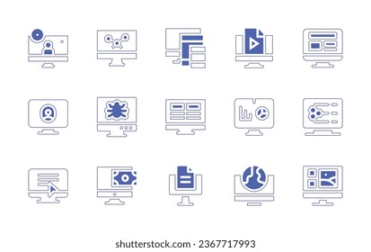 Computer screen icon set. Duotone style line stroke and bold. Vector illustration. Containing video call, video tutorial, blogging, monitor, business report, statistics, molecular, devices, bug.
