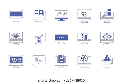 Symbol auf dem Computerbildschirm eingestellt. Duotone Stil Linie Strich und fett. Vektorgrafik. Enthält Monitor, Reaktionsfähigkeit, Bericht, Wachstum, Computer, Kuchen-Diagramm, Grafik-Design, Geschwindigkeit, Online-Modellierung, d-Modellierung.