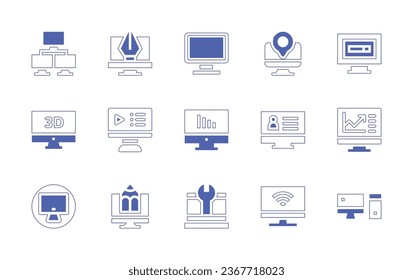 Computer screen icon set. Duotone style line stroke and bold. Vector illustration. Containing screen, network, computer, online class, settings.