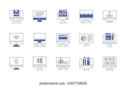 Computer screen icon set. Duotone style line stroke and bold. Vector illustration. Containing computer, graphic design, binary code, online analysis, online order.