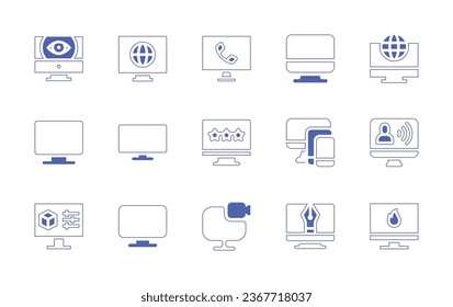 Computer screen icon set. Duotone style line stroke and bold. Vector illustration. Containing monitor, television, computer, device, global, influencer, telephone, rating, worldwide, settings, design.