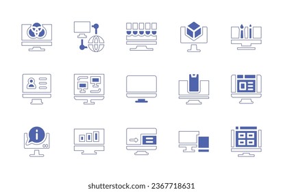 Computer screen icon set. Duotone style line stroke and bold. Vector illustration. Containing screen, pop up, online voting, notification, computer screen, devices, web design, mood board, rgb.