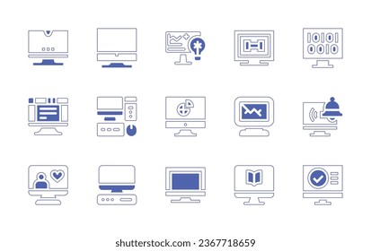 Conjunto de iconos de la pantalla del equipo. Curso de línea de estilo duotónico y negrita. Ilustración vectorial. Conteniendo computadora, escritorio, doblez, código binario, editor de texto, monitor, alarma.