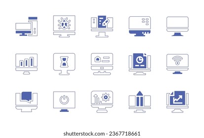 Computer screen icon set. Duotone style line stroke and bold. Vector illustration. Containing computer, bar chart, monitor, power, settings.
