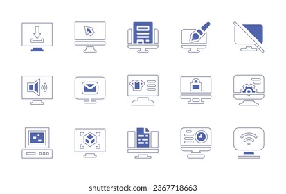 Computer screen icon set. Duotone style line stroke and bold. Vector illustration. Containing graphic design, monitor, settings, computer, download, speaker, article, product description, desktop.