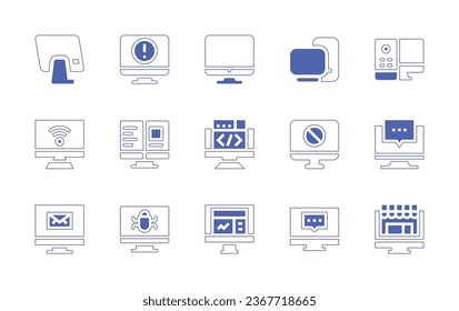 Computer screen icon set. Duotone style line stroke and bold. Vector illustration. Containing computer, html, monitor, chat, analysis, online shop, online booking, virus, desktop computer, pc, screen.