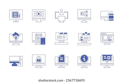 Computer screen icon set. Duotone style line stroke and bold. Vector illustration. Containing responsive, graphic design, newspapers, scale, cloud, data, connection, network, download, social media.