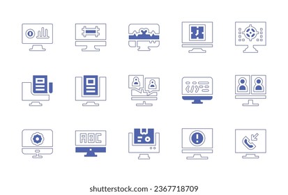 Computer screen icon set. Duotone style line stroke and bold. Vector illustration. Containing stats, monitor, newspaper, article, heart beat, clock, videocall, coding, target, video conference.