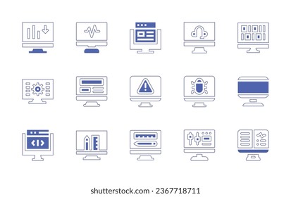 Computer screen icon set. Duotone style line stroke and bold. Vector illustration. Containing bar graph, monitoring, web development, website, online support, warning, virus, binary code, monitor.