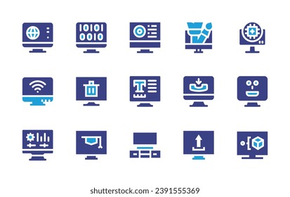 Computer screen icon set. Duotone color. Vector illustration. Containing binary code, design, www, software, processor, recycle bin, line, elearning, upload, wifi, text, monitor, analysis, tv, 3d.