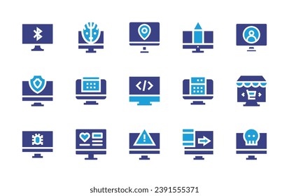 Computer screen icon set. Duotone color. Vector illustration. Containing computer, robot, graphic design, location, user profile, monitor, programming, online marketing, virus, alert, calendar.