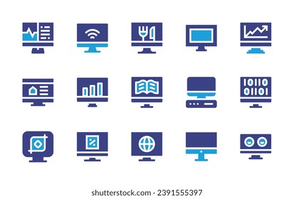 Computer screen icon set. Duotone color. Vector illustration. Containing computer, electrocardiogram, online, election, bar chart, online shop, ebook, binary, crop, monitor.