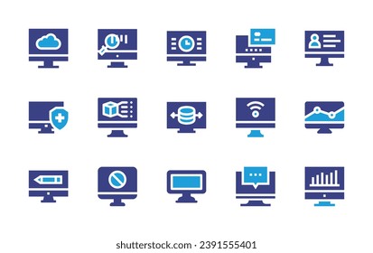 Conjunto de iconos de la pantalla del equipo. Color de duotona. Ilustración vectorial. Conteniendo ordenador, hora, usuario, búsqueda, pago en línea, monitor, chat.