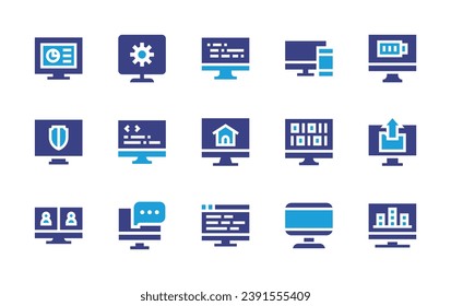 Computer screen icon set. Duotone color. Vector illustration. Containing monitor, responsive, presentation, battery, programming, videocall, code, binary code, chat, construction plan, upload, music.