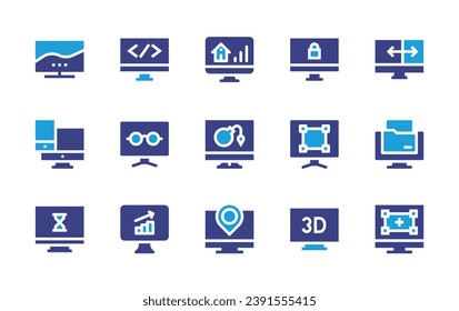 Computer screen icon set. Duotone color. Vector illustration. Containing coding, monitor, tv, analysis, resize, responsive, waiting, reading mode, crop, analytics, 3d, ddos, folder, placeholder.