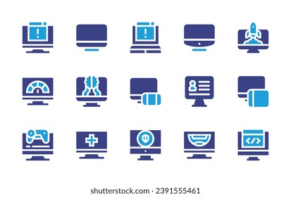 Computer screen icon set. Duotone color. Vector illustration. Containing computer, monitor, laptop, startup, speed, responsive, game development, coding.
