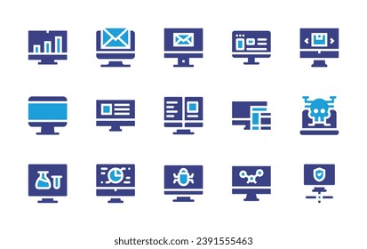 Computer screen icon set. Duotone color. Vector illustration. Containing computer, email, web design, interface, responsive, online shop, online booking, malware, pie chart, molecular, virus, network.