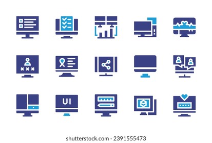 Computer screen icon set. Duotone color. Vector illustration. Containing usability, computer, stats, heart beat, ui design, d modeling, account, share, videocall, devices, web design, satisfaction.