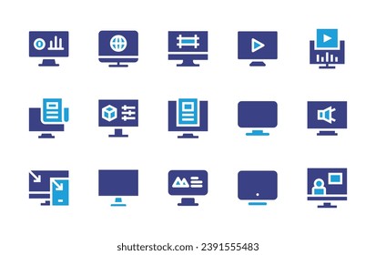Computer screen icon set. Duotone color. Vector illustration. Containing internet, watching tv, settings, monitor, stats, edit, newspaper, article, sound, computer, responsive, blog, video chat.
