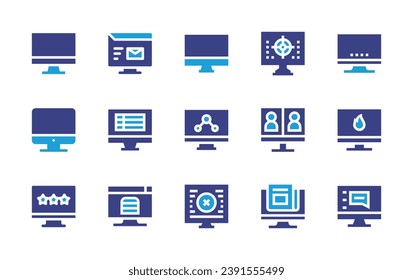 Computer screen icon set. Duotone color. Vector illustration. Containing computer, personal computer, pc, email, target, forum, video conference, rating, warning, text, online order, news.