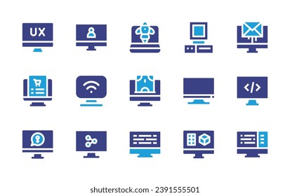 Computer screen icon set. Duotone color. Vector illustration. Containing computer, user experience, startup, email, order, online payment, monitor, share, designing, feminism, code.